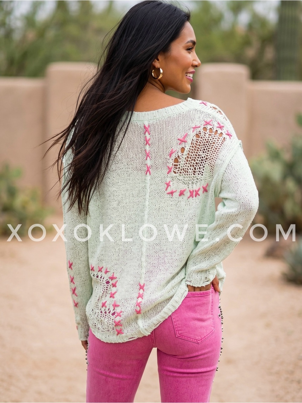 POL Mint Green Open Knit Sweater | Pink Whipstitch Slouchy V Neck Distressed - Picture 6 of 11